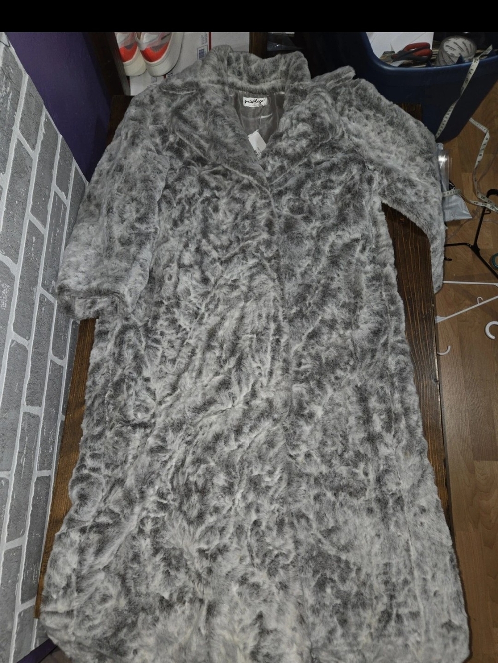 Gray Faux Fur Long Coat 3/4 Sleeve NWT